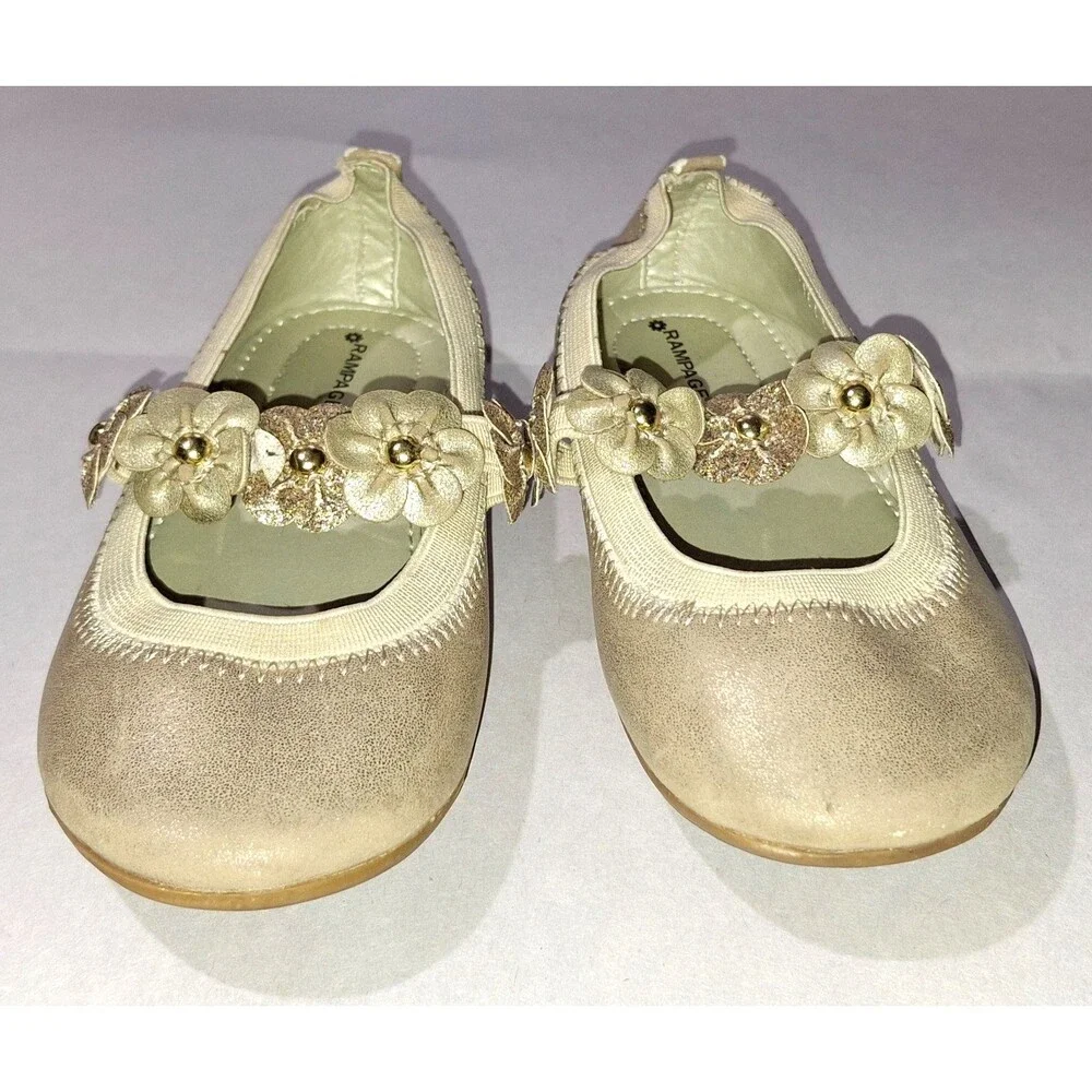 Rampage Girls Gold Ballet Flats Sparkly Glitter Dress Shoes Flower Strap Size 8M